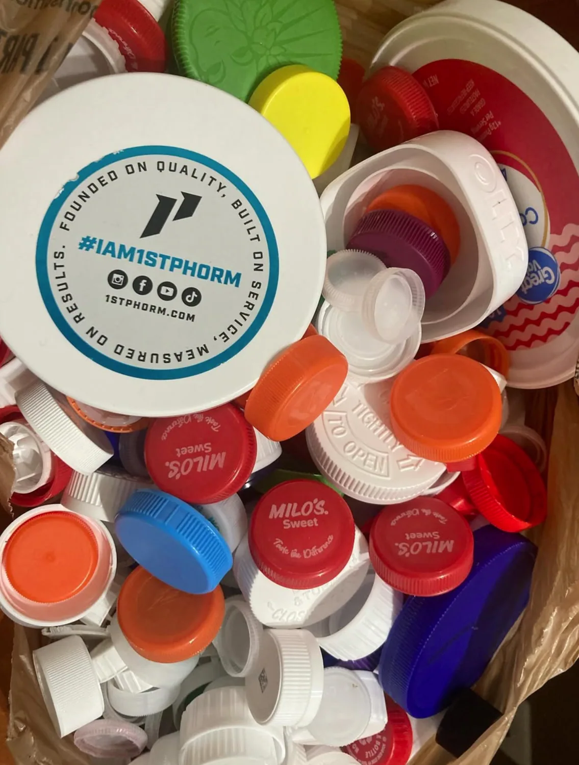 Colorful collected plastic bottle caps